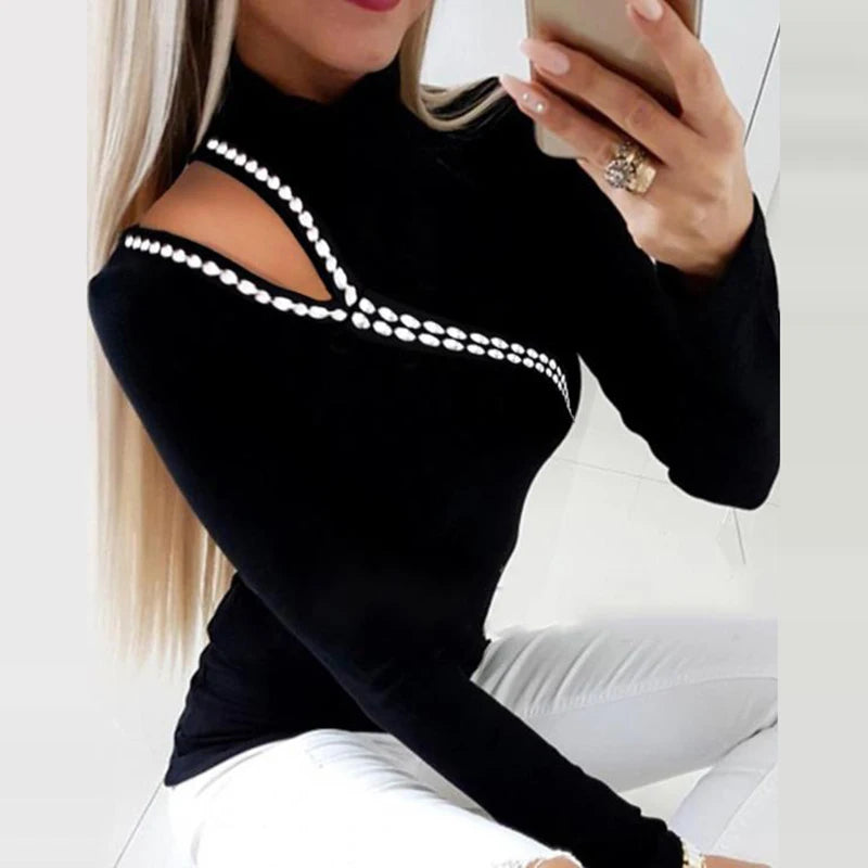 Women Elegant O Neck Diamonds Studded Blouse Sexy Ladies Solid Hollow Out Pullover Tops Spring Long Sleeve Slim Fit Shirt Blusas