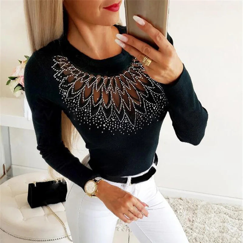 Women Elegant O Neck Diamonds Studded Blouse Sexy Ladies Solid Hollow Out Pullover Tops Spring Long Sleeve Slim Fit Shirt Blusas