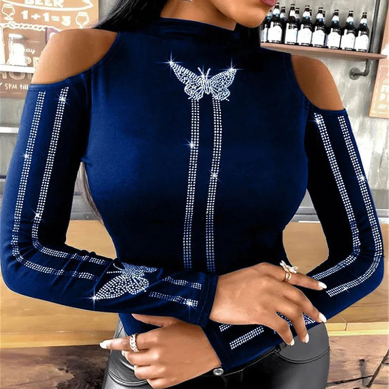 Women Elegant O Neck Diamonds Studded Blouse Sexy Ladies Solid Hollow Out Pullover Tops Spring Long Sleeve Slim Fit Shirt Blusas