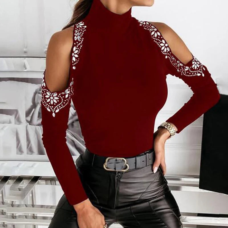 Women Elegant O Neck Diamonds Studded Blouse Sexy Ladies Solid Hollow Out Pullover Tops Spring Long Sleeve Slim Fit Shirt Blusas