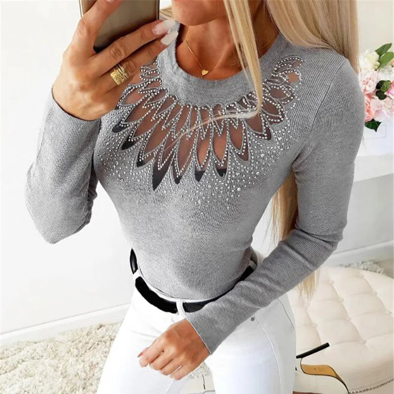 Women Elegant O Neck Diamonds Studded Blouse Sexy Ladies Solid Hollow Out Pullover Tops Spring Long Sleeve Slim Fit Shirt Blusas