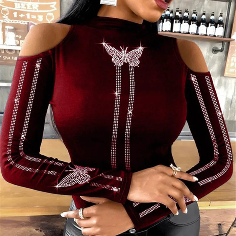 Women Elegant O Neck Diamonds Studded Blouse Sexy Ladies Solid Hollow Out Pullover Tops Spring Long Sleeve Slim Fit Shirt Blusas