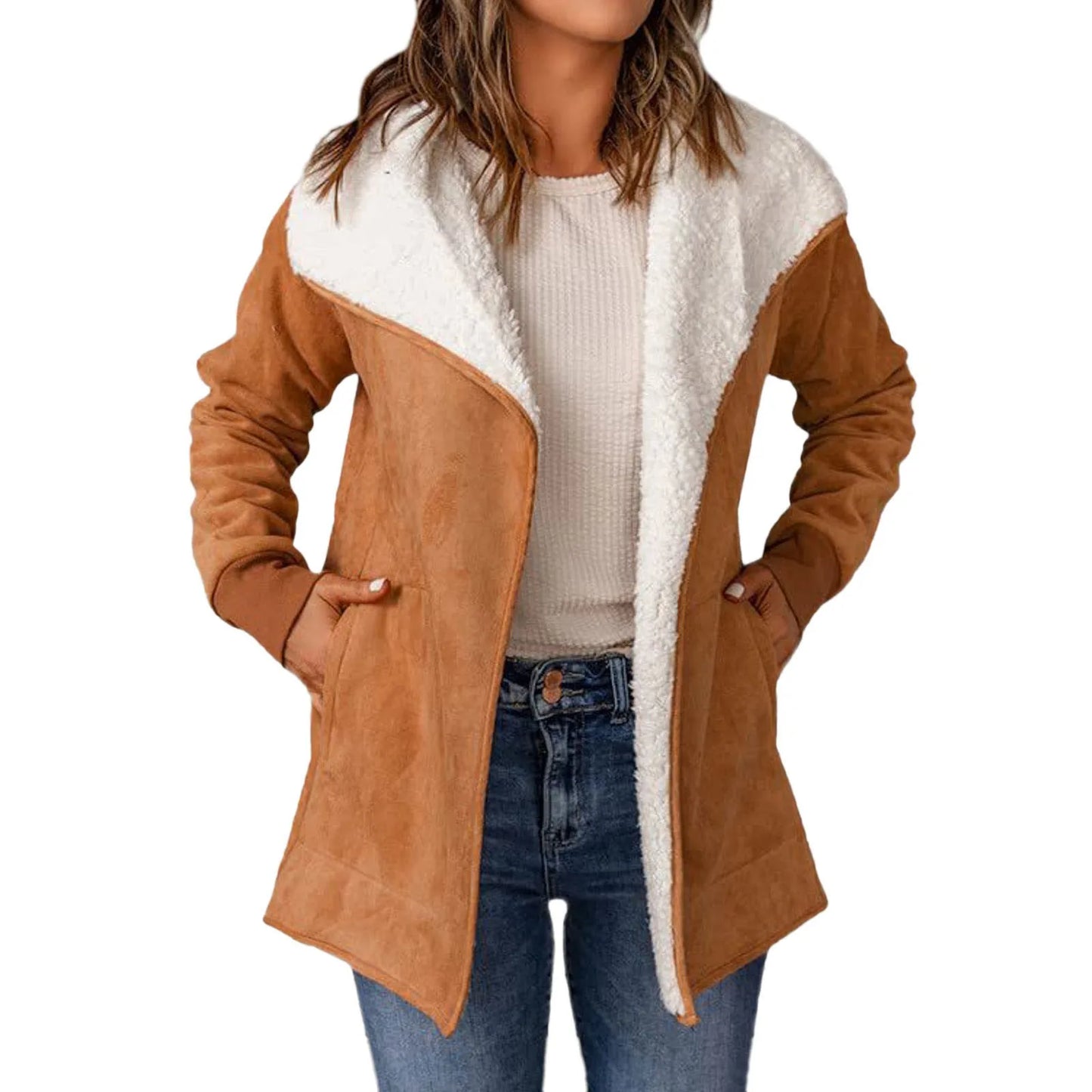 Casual Suede Leather Jackets Fall And Winter Long Sleeved Lamb Wool Fleece Coats Ladies Lapel Cardigan Cotton Coat