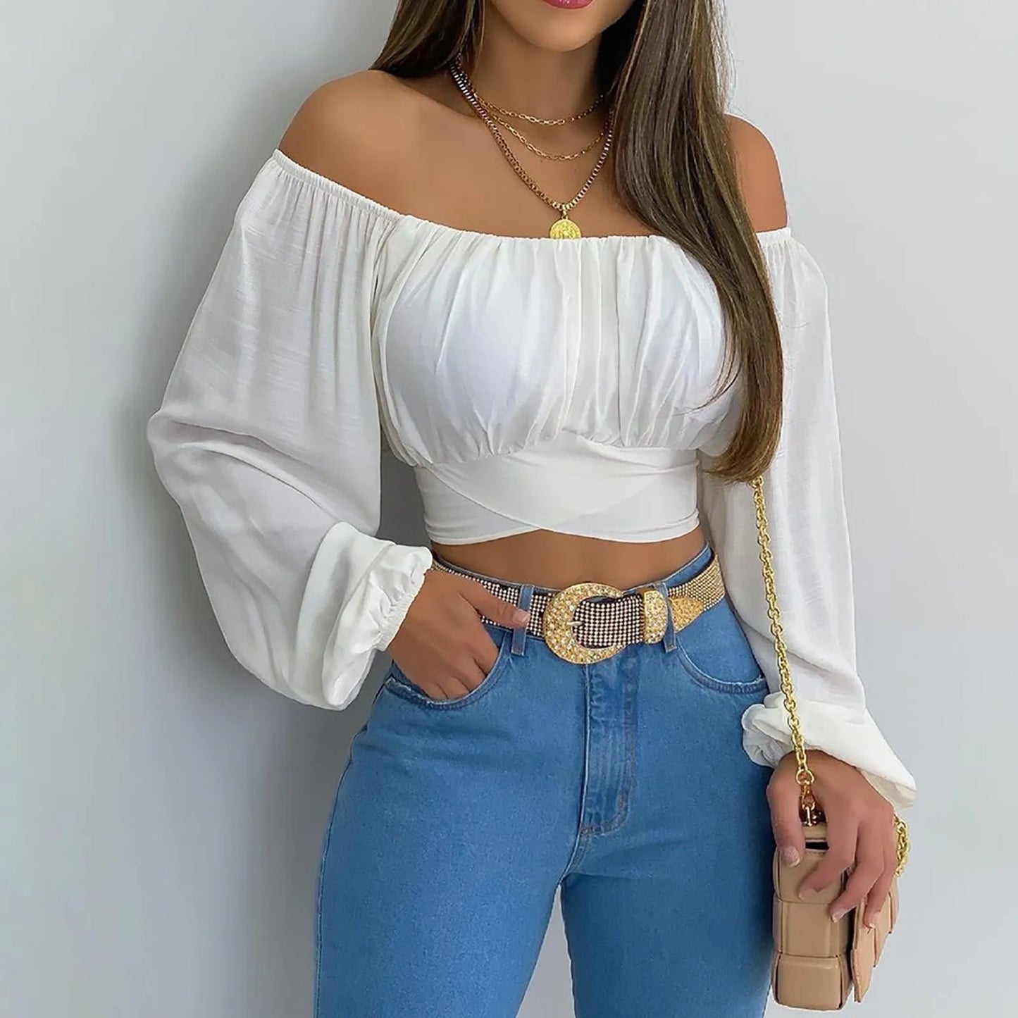 Women Sexy Off Shoulder Printing Blouses Chic and Elegant Lantern Long Sleeve Lace Up Bow Cropped Tops Casual Slim Shirts