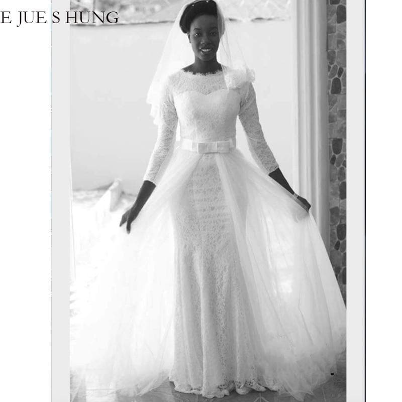 E JUE SHUNG White Lace Mermaid Wedding Dresses 3/4 sleeves Detachable Train Wedding Gowns Bride Dress robe de mariee