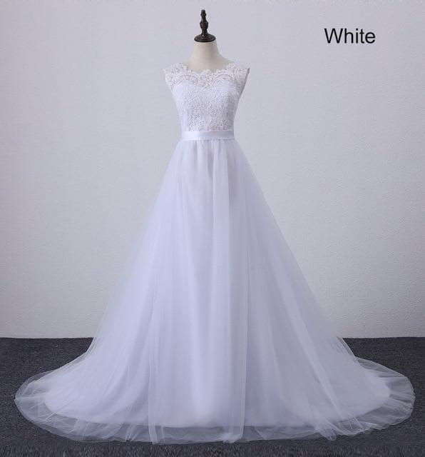 Solovedress A Line Lace Beach Wedding Dress Scoop Neck White Bridal Gown Tulle Skirt Chapel Train vestido de noiva SLD-228