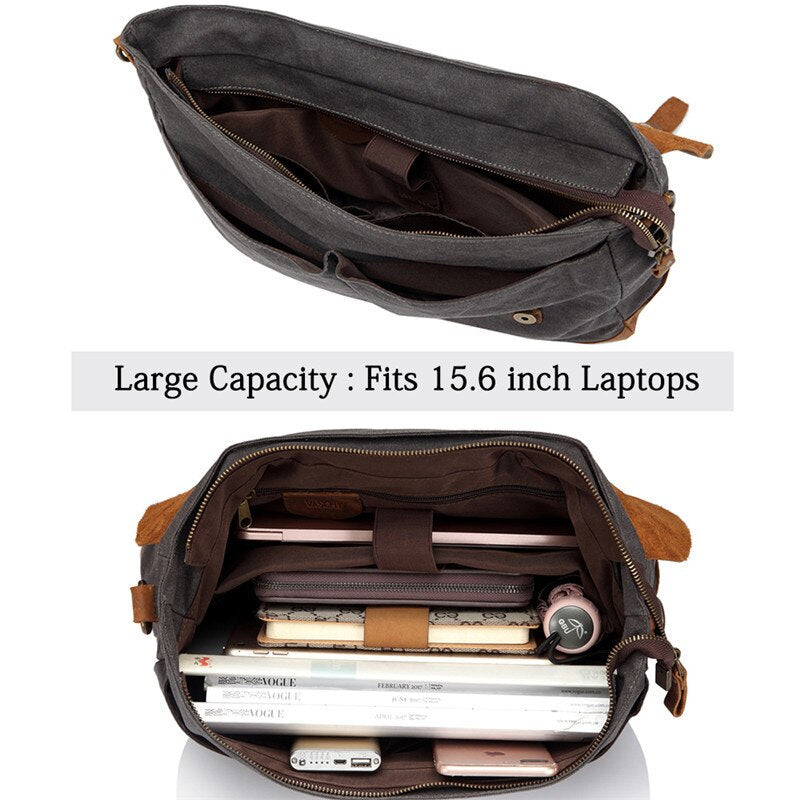 Premium Quality VASCHY Casual Unisex Briefcase Business Messenger Bag Cowhide Leather Canvas Shoulder Bag 15.6 inch Laptop Handbag for Men/Women