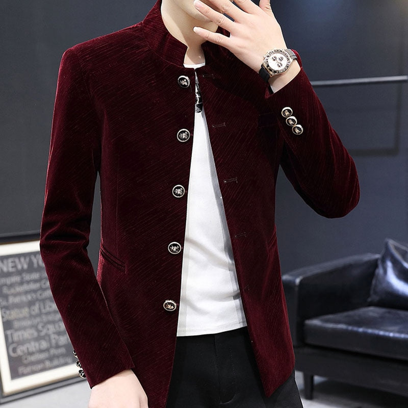 Men Velvet Tunic Suit Jacket Mandarin Stand Collar Striped Casual Blazers 2021 New Slim Fit Male Coat Outerwear